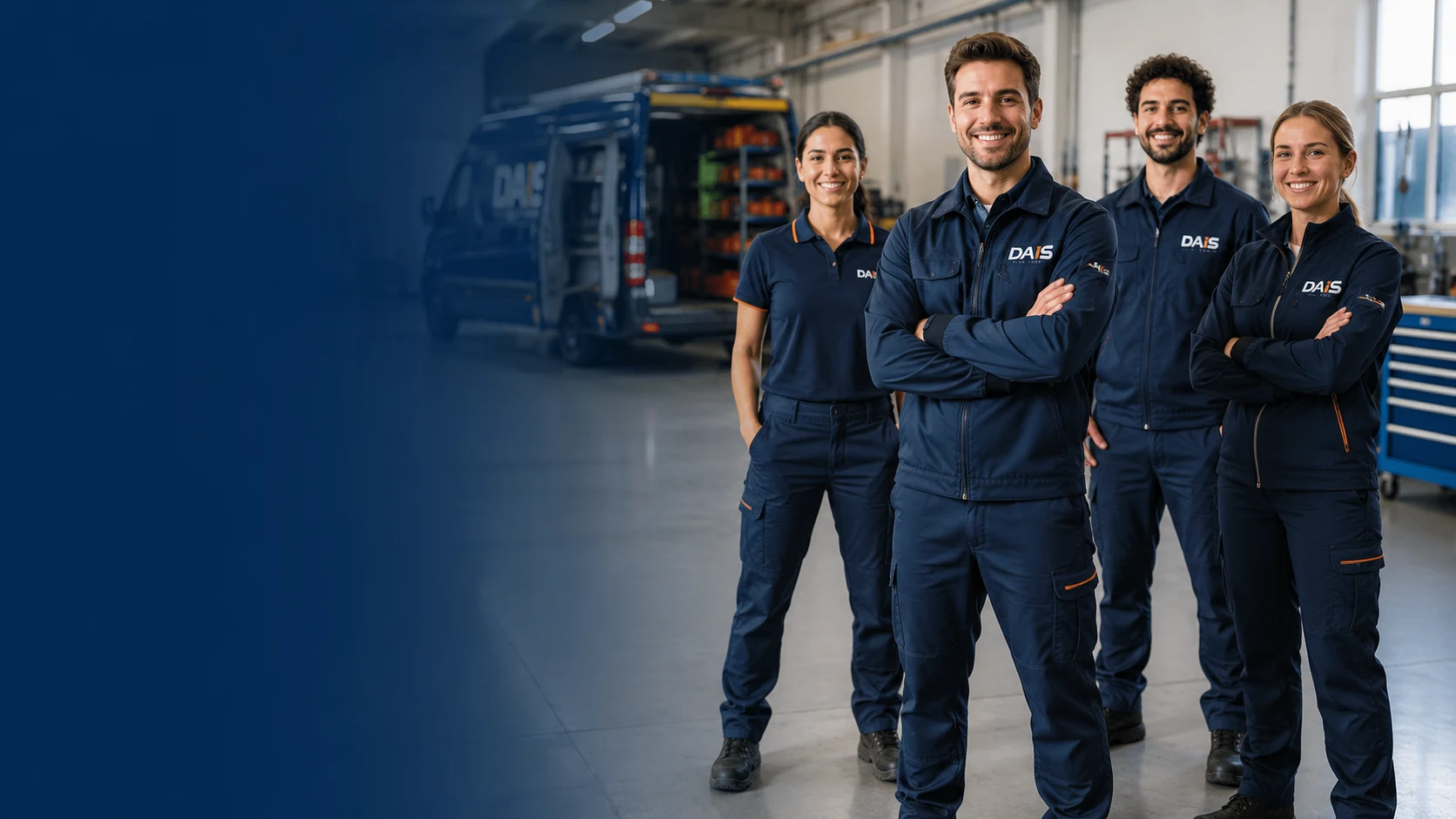 Equipe técnica usando uniformes personalizados DAiS